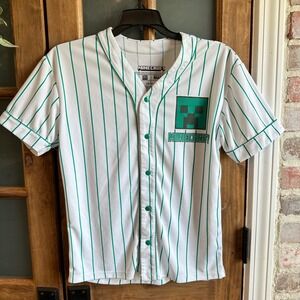 Minecraft Jersey Shirt Kids Large White Green Pinstripe Creeper Snap‎ Button